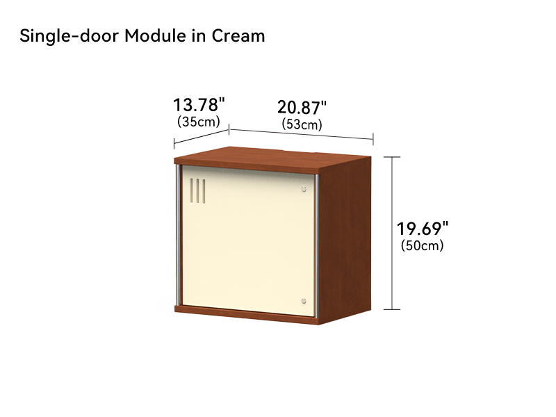 Cream single door module measuring 20.87 by 13.78 by 19.69 inches with a vented handle free front