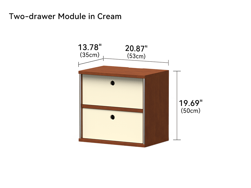 Cream two drawer module measuring 20.87 by 13.78 by 19.69 inches with round pulls