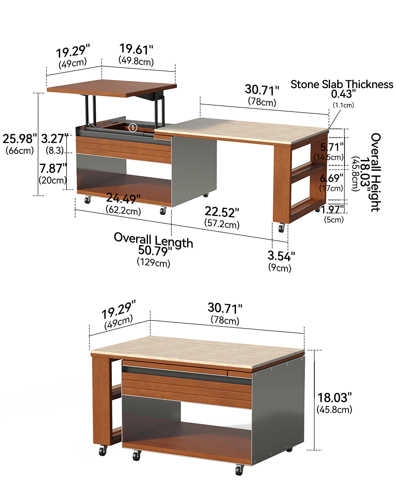 Lift top coffee table dimensions 50.79 in extended and 30.71 in closed with an 18.03 in height