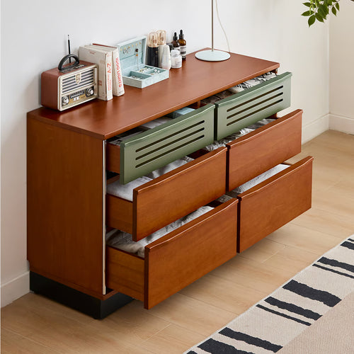 6 Drawer Double Dresser, Mid Century Modern Low Wide Chest of Drawers with Vented Drawer Fronts