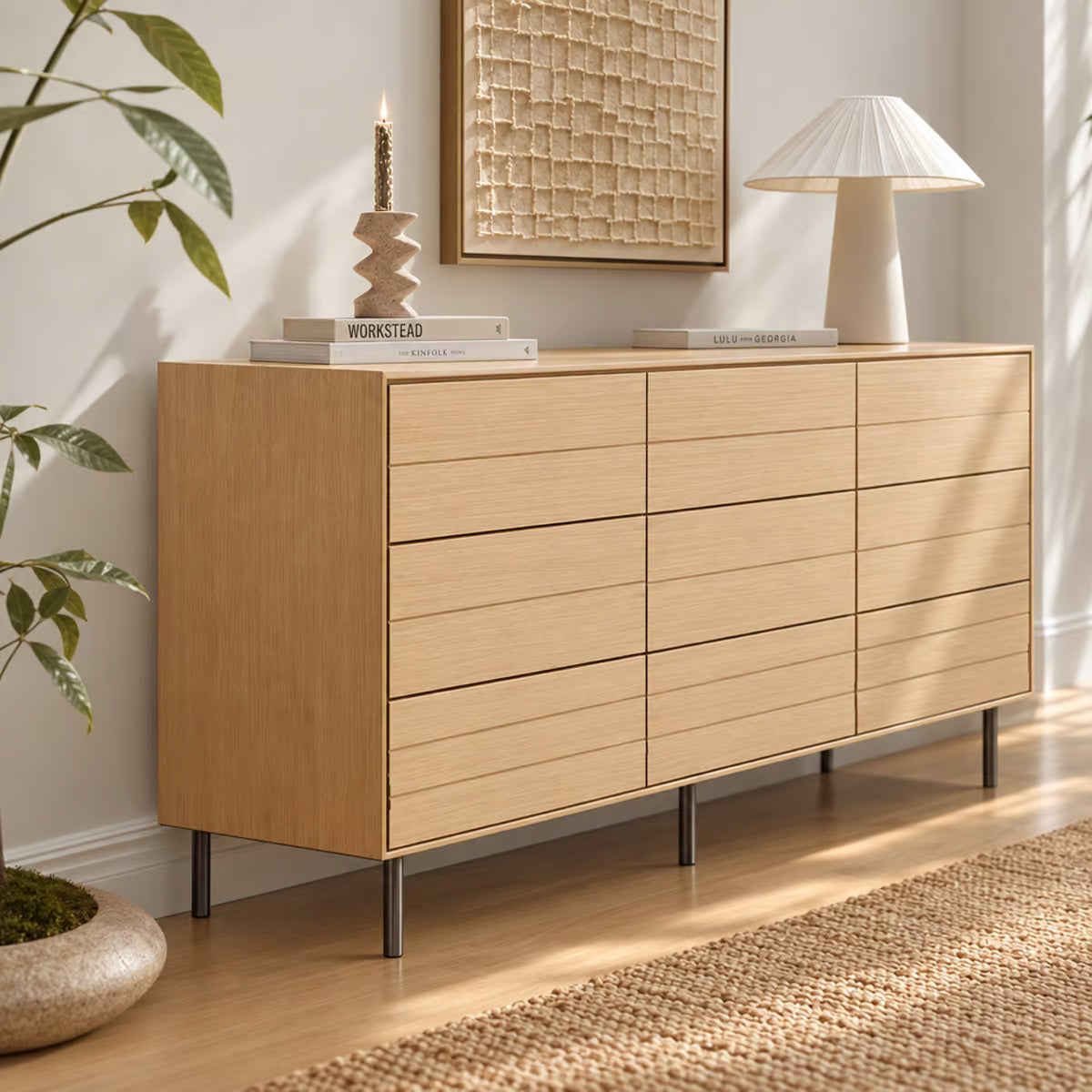 Kelin 9 Drawer Dresser, White Oak Veneer with Steel Legs, 63 Inch Wide