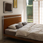 Genuine Leather Bed Frame with Headboard Shelf, Mid Century Upholstered Platform Bed