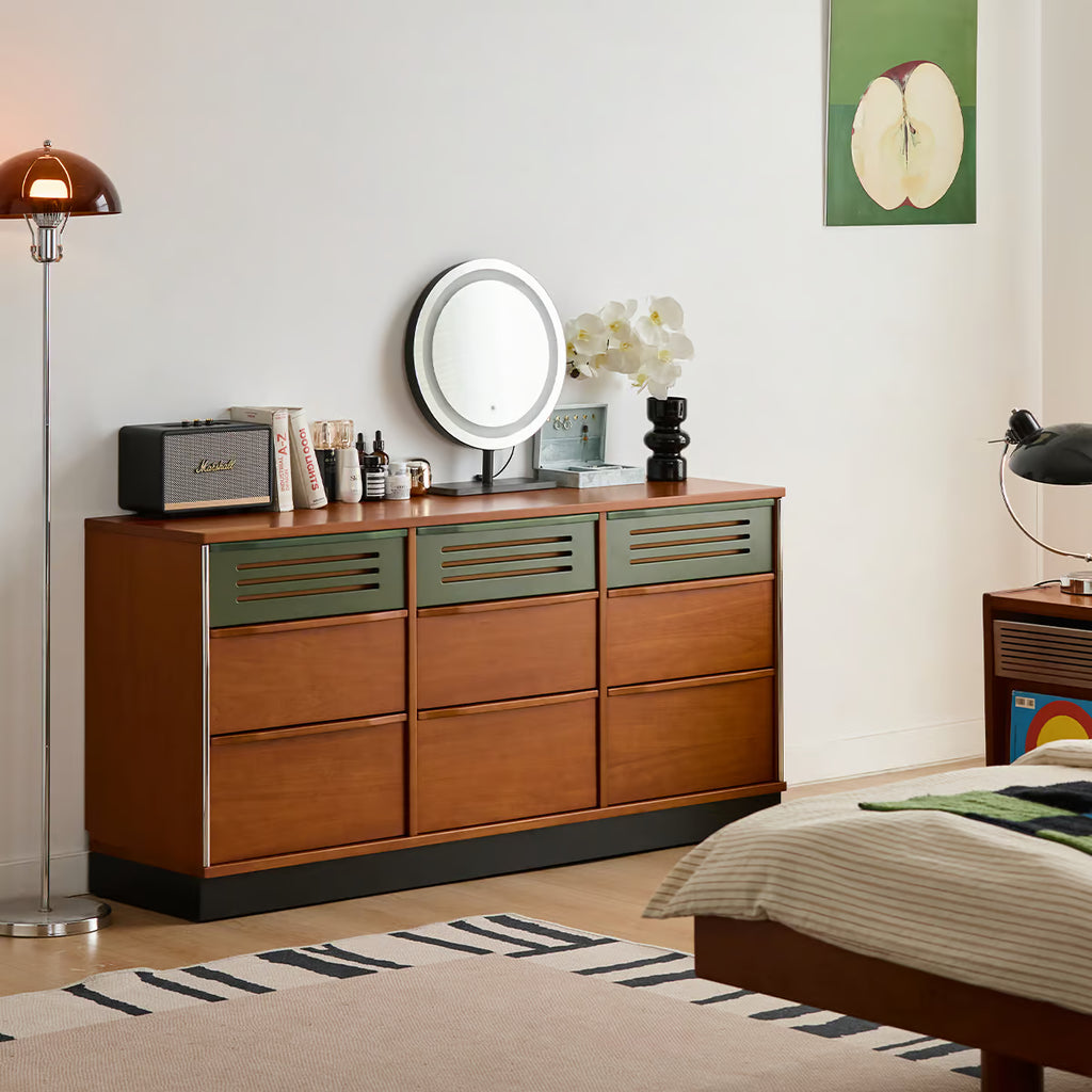 Triple Dresser, Mid Century Modern 59 Inch Bedroom Chest with Nine Drawers and Vented Fronts