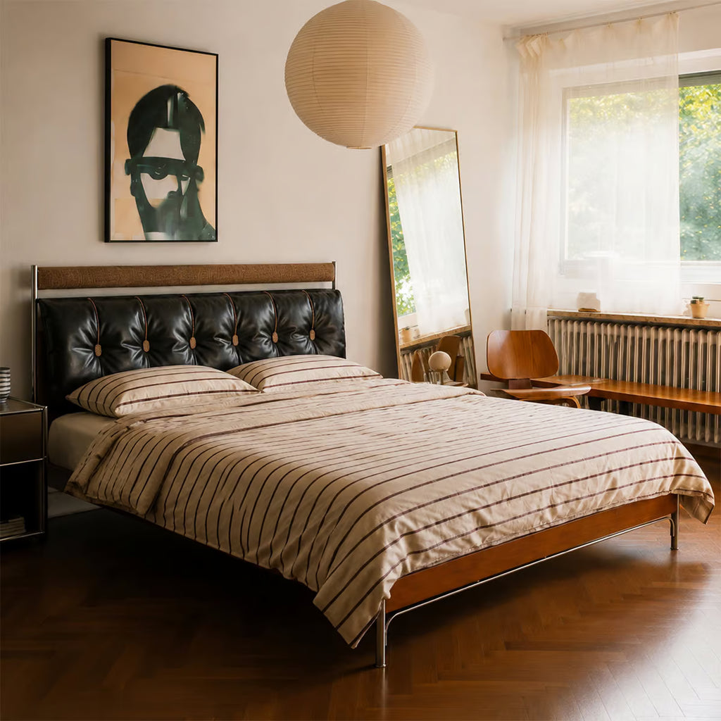 Genuine Leather Bed Frame with Headboard Shelf, Mid Century Upholstered Platform Bed