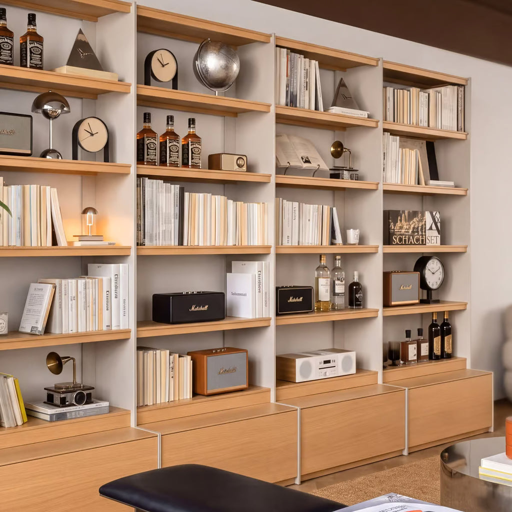 Iso Tall Bookshelf with Drawers, White Oak Veneer and Carbon Steel Open Back Bookcase