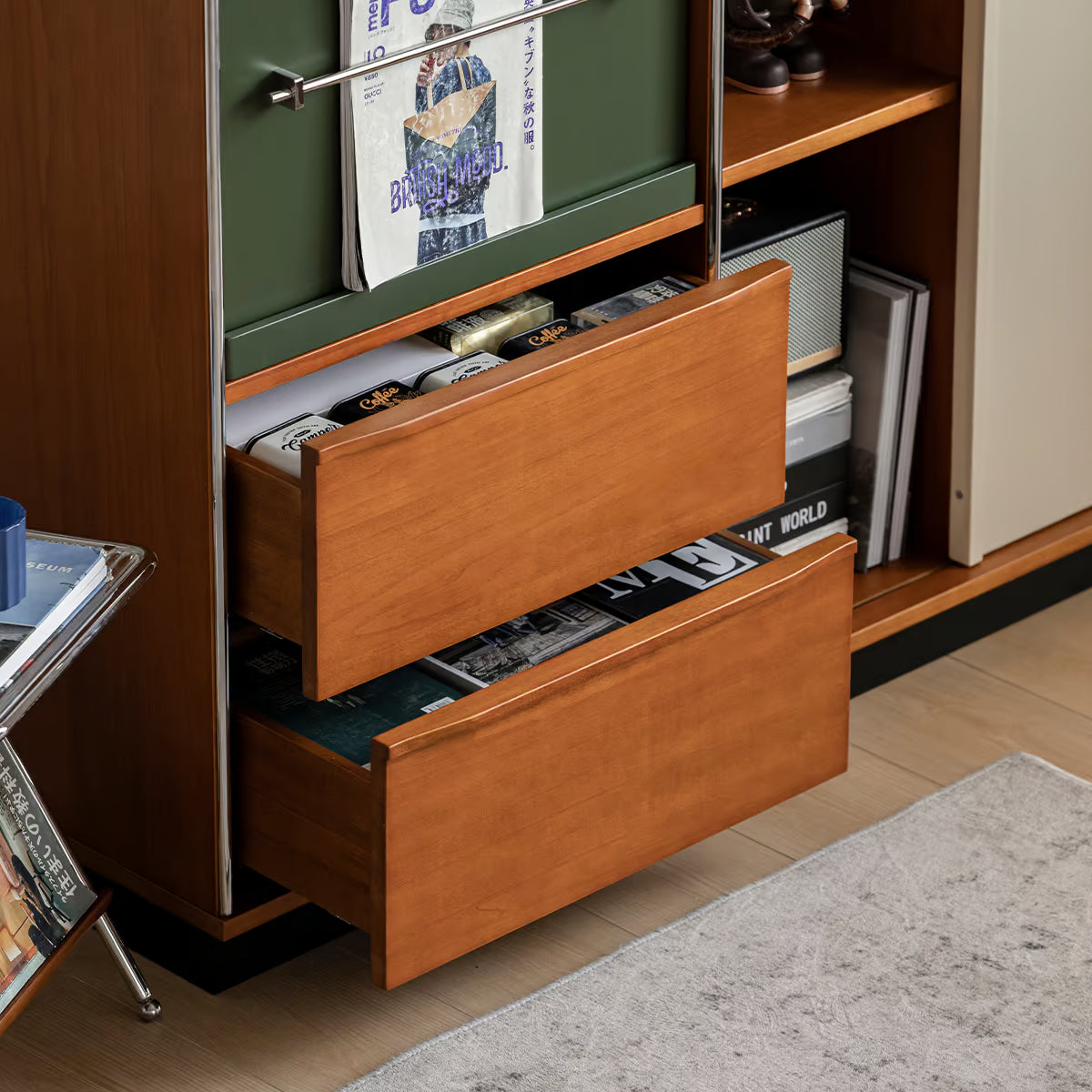 Sliding Door Cabinet, Mid Century Solid Wood Display Cabinet with Adjustable Shelves