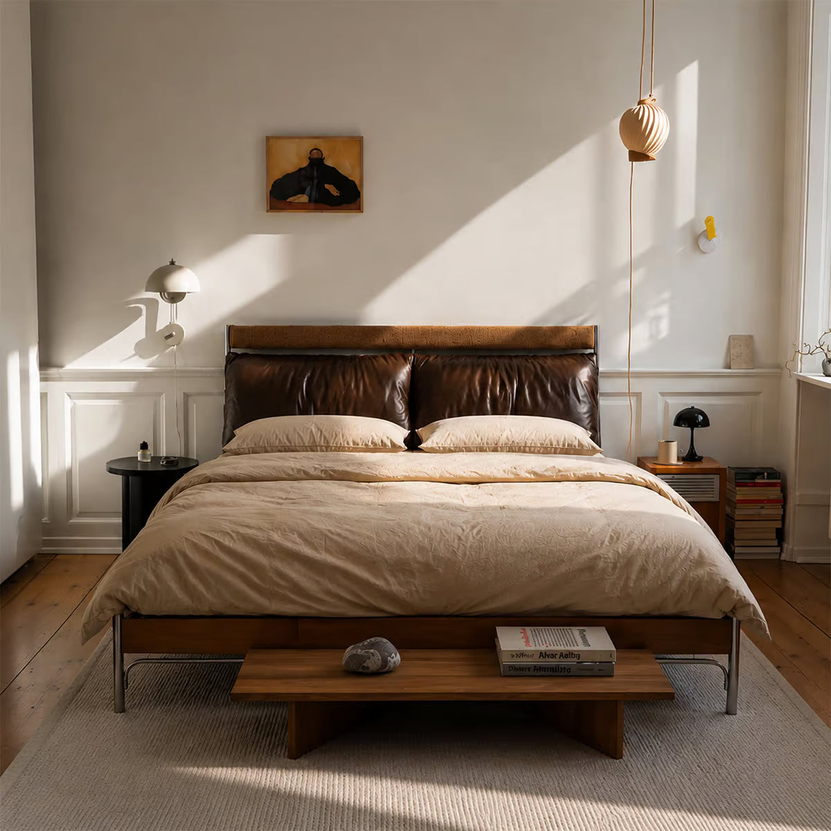 Genuine Leather Bed Frame with Headboard Shelf, Mid Century Upholstered Platform Bed