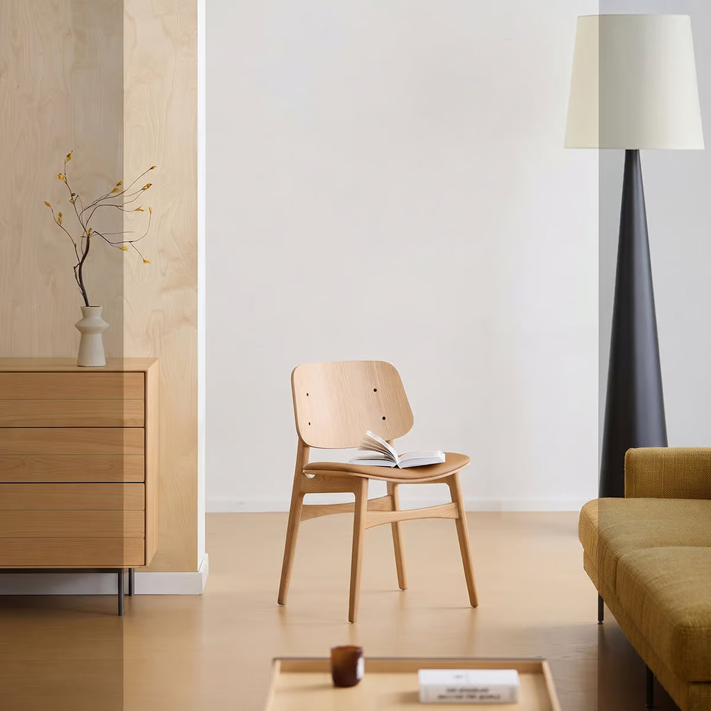 Mid Century Modern Dining Chair, White Oak Veneer with Faux Leather Seat, Armless