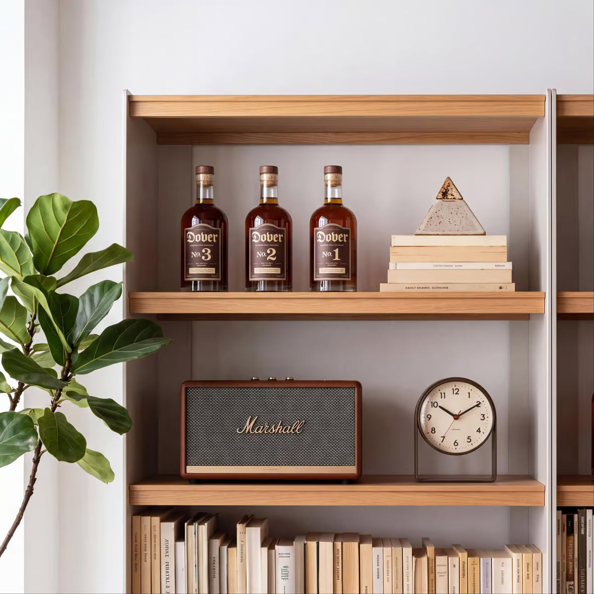 Iso Tall Bookshelf with Drawers, White Oak Veneer and Carbon Steel Open Back Bookcase