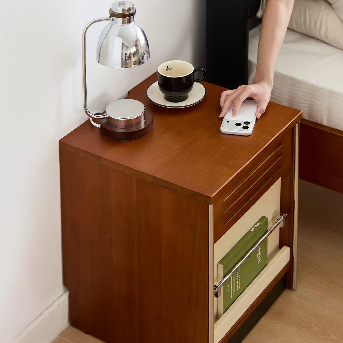 Solid Wood Nightstand with Drawer, Mid Century Bedside Table with Flip Down Door