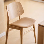 Mid Century Modern Dining Chair, White Oak Veneer with Faux Leather Seat, Armless