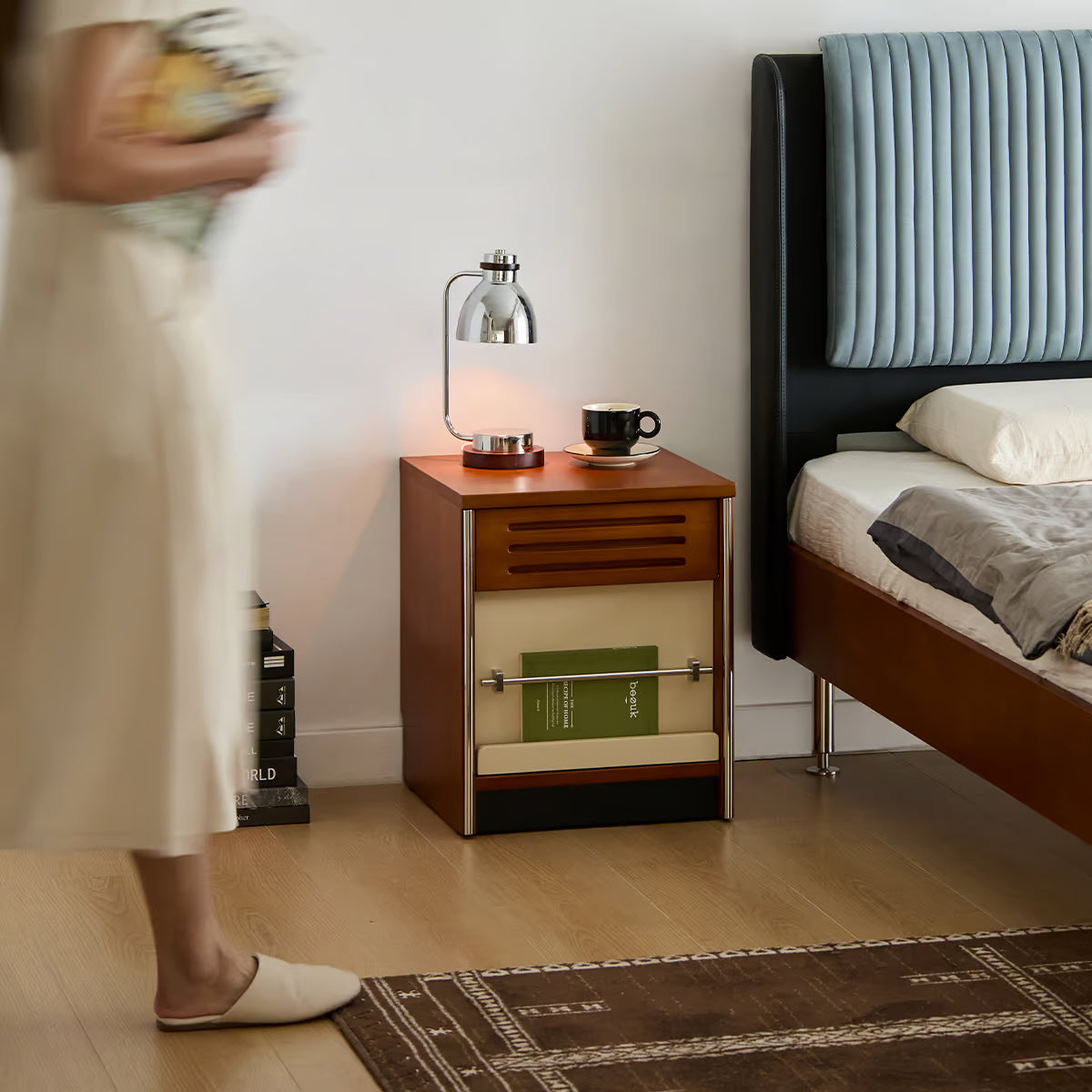 Solid Wood Nightstand with Drawer, Mid Century Bedside Table with Flip Down Door