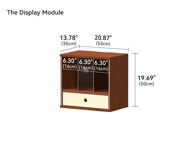 Display module dimensions 20.87 by 13.78 by 19.69 inches with three 6.30 in cubbies above a drawer