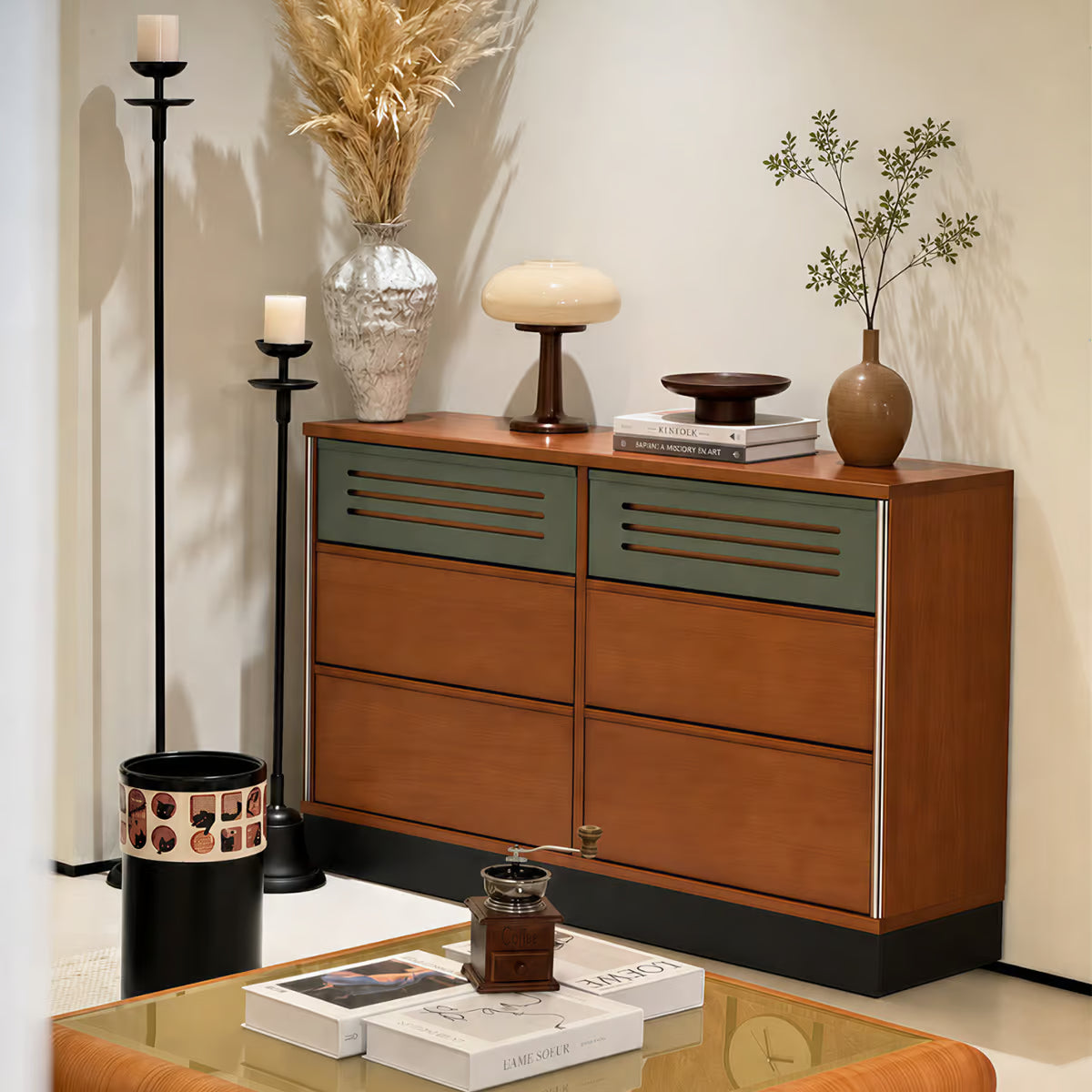 6 Drawer Double Dresser, Mid Century Modern Low Wide Chest of Drawers with Vented Drawer Fronts