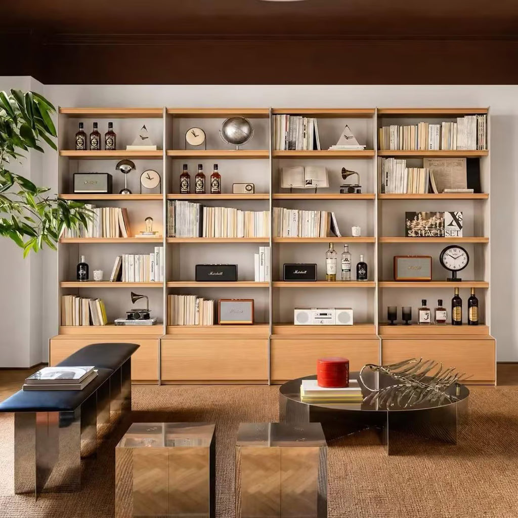 Iso Tall Bookshelf with Drawers, White Oak Veneer and Carbon Steel Open Back Bookcase