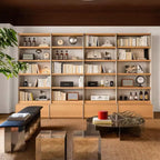 Iso Tall Bookshelf with Drawers, White Oak Veneer and Carbon Steel Open Back Bookcase