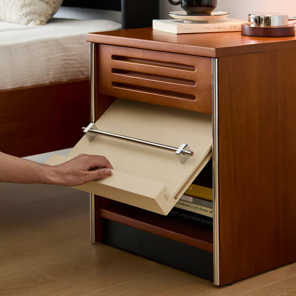 Solid Wood Nightstand with Drawer, Mid Century Bedside Table with Flip Down Door
