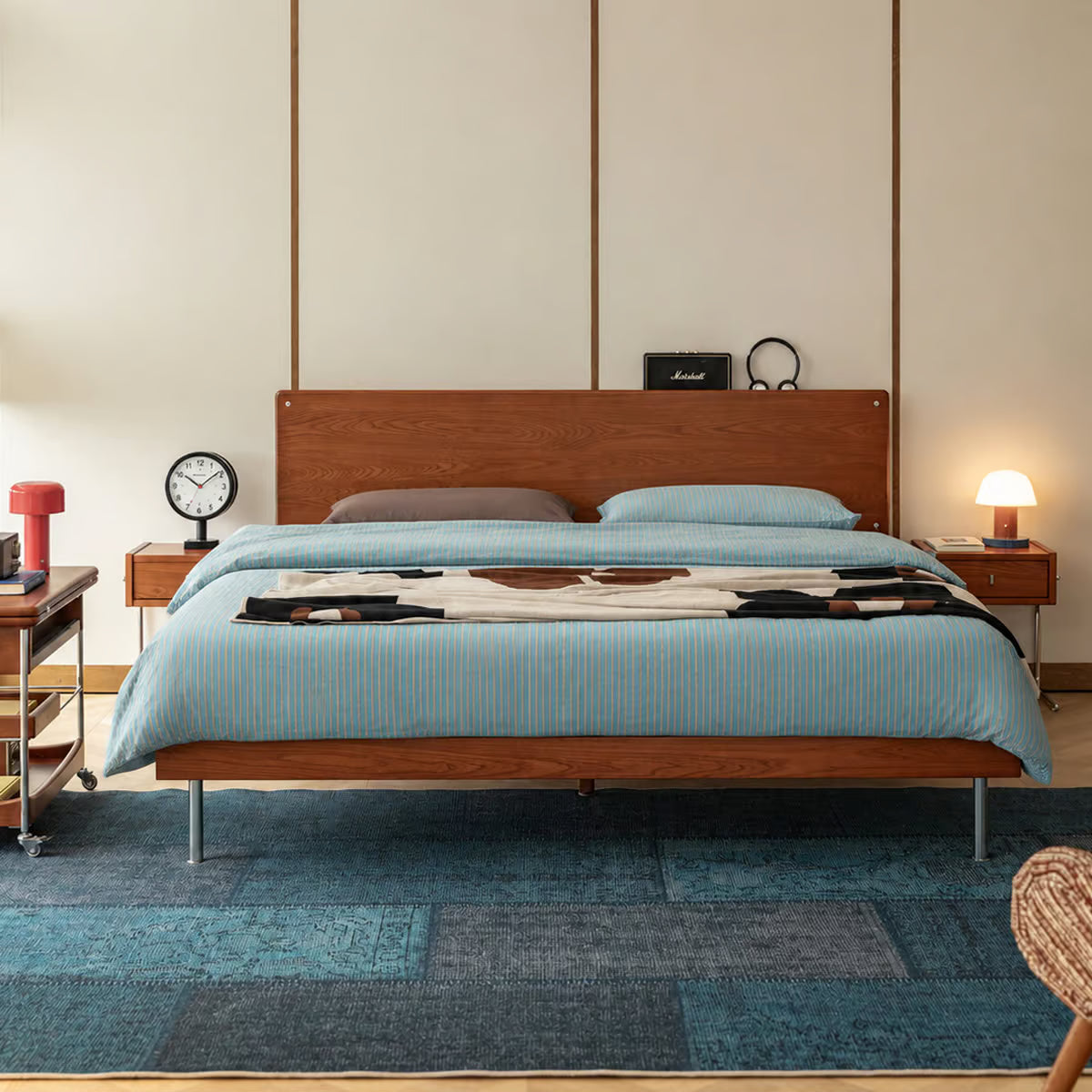 Solid Wood Bed Frame with Adjustable Headboard and Metal Legs, Walnut or Vintage Brown