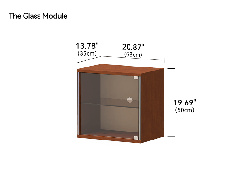 Glass module dimensions 20.87 by 13.78 by 19.69 inches with a glass door and an interior shelf