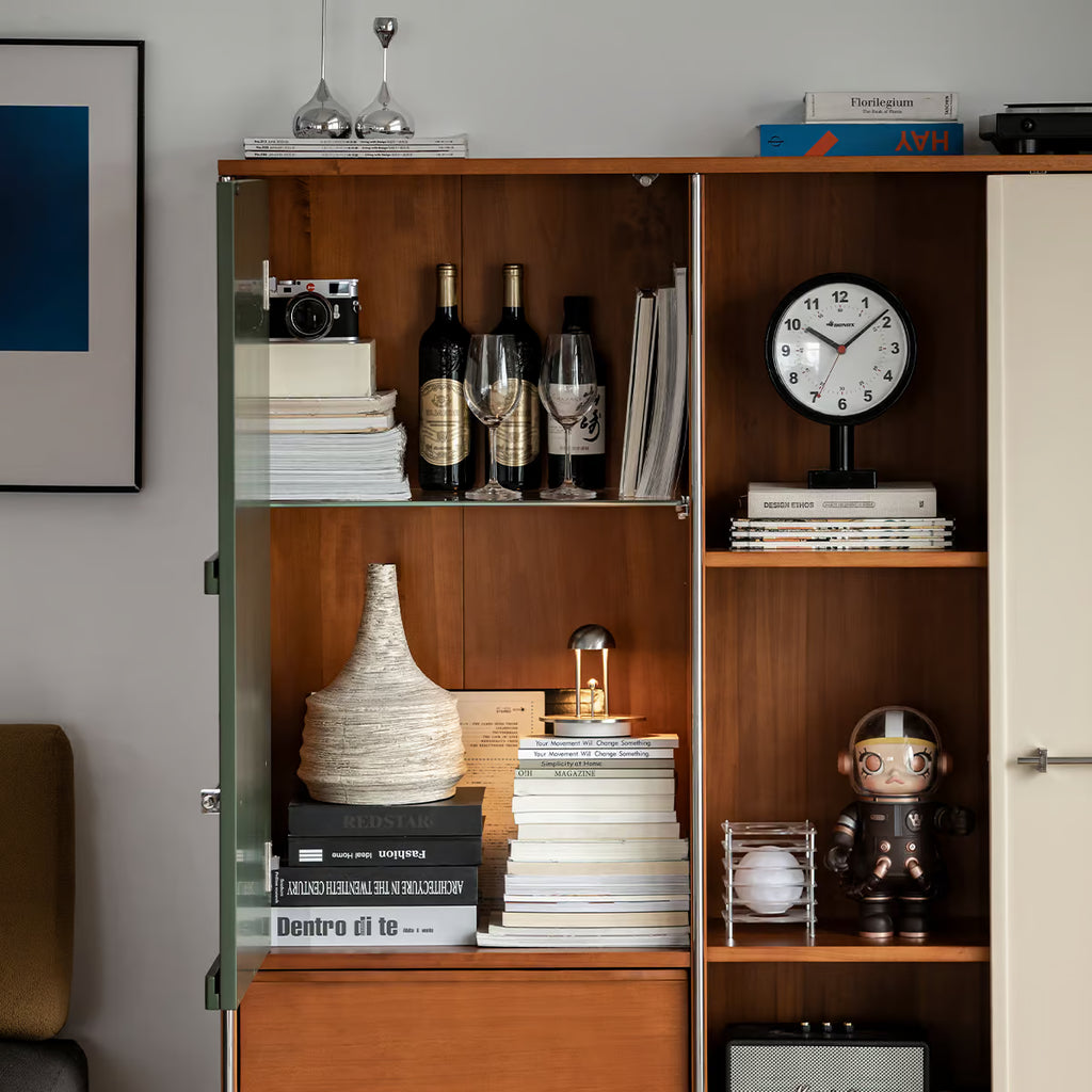 Sliding Door Cabinet, Mid Century Solid Wood Display Cabinet with Adjustable Shelves