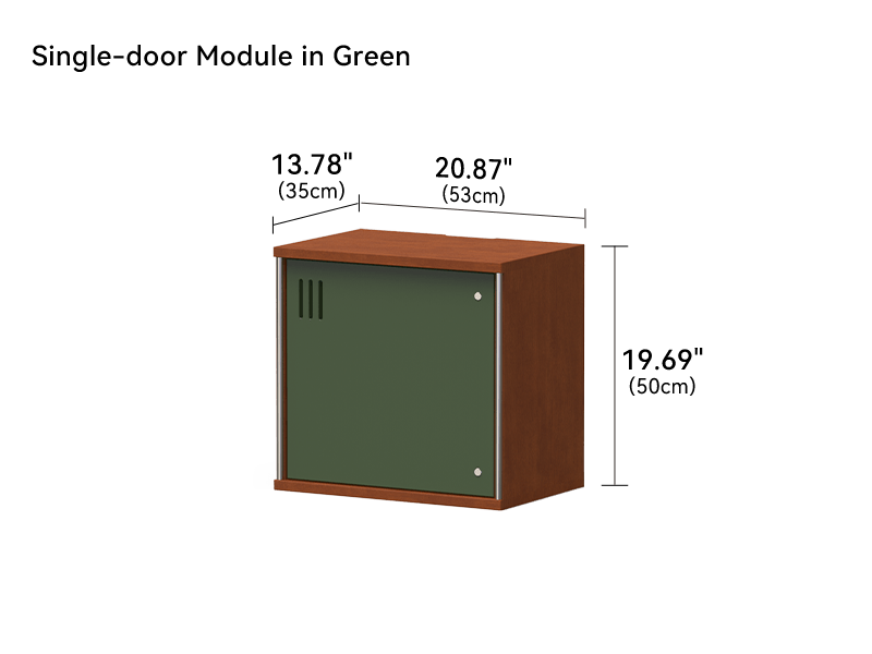 Green single door module measuring 20.87 by 13.78 by 19.69 inches with a vented handle free front