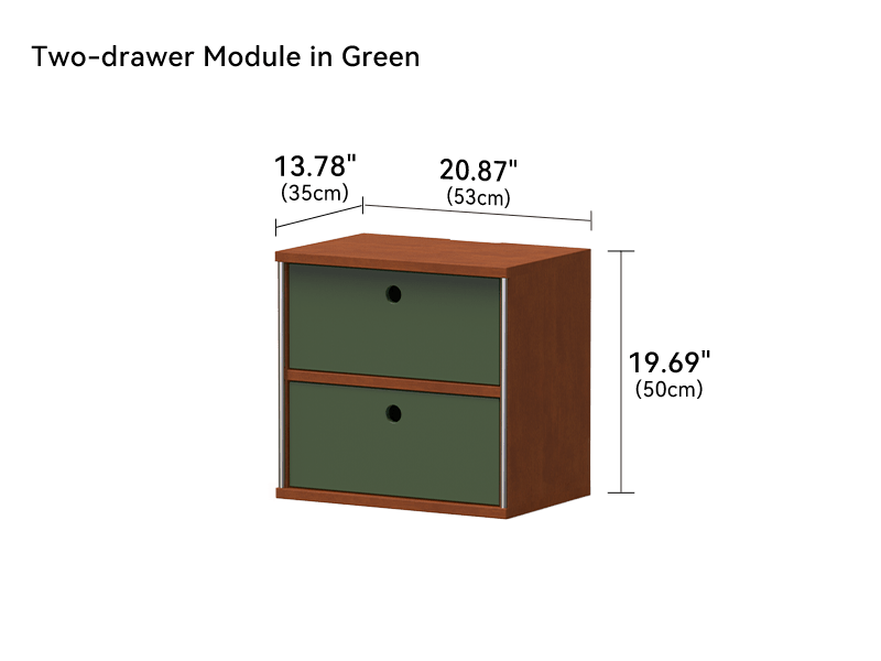 Green two drawer module measuring 20.87 by 13.78 by 19.69 inches with round pulls