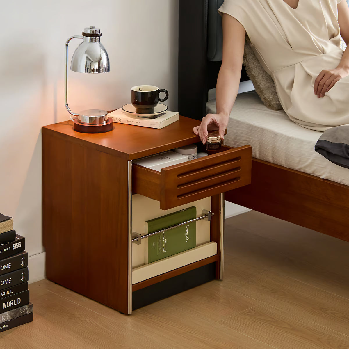 Solid Wood Nightstand with Drawer, Mid Century Bedside Table with Flip Down Door
