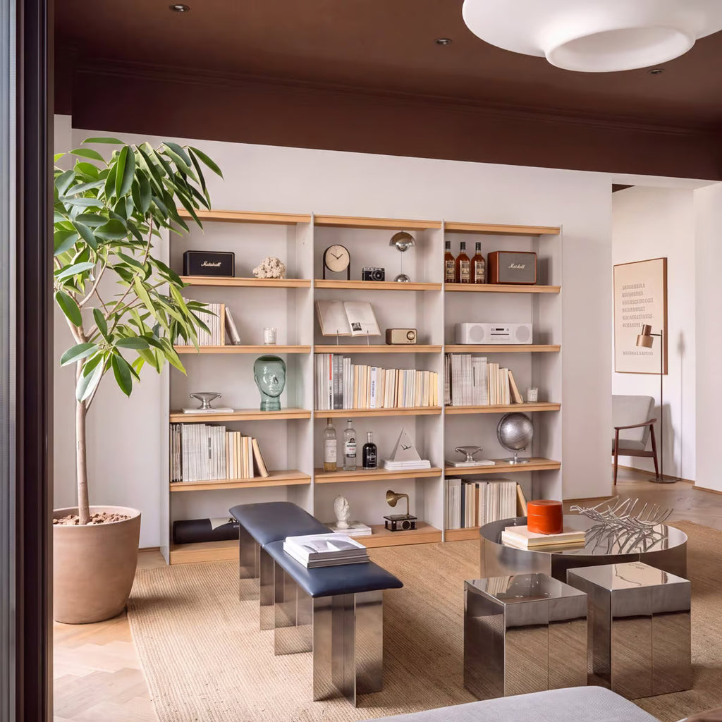 Iso Tall Bookshelf with Drawers, White Oak Veneer and Carbon Steel Open Back Bookcase