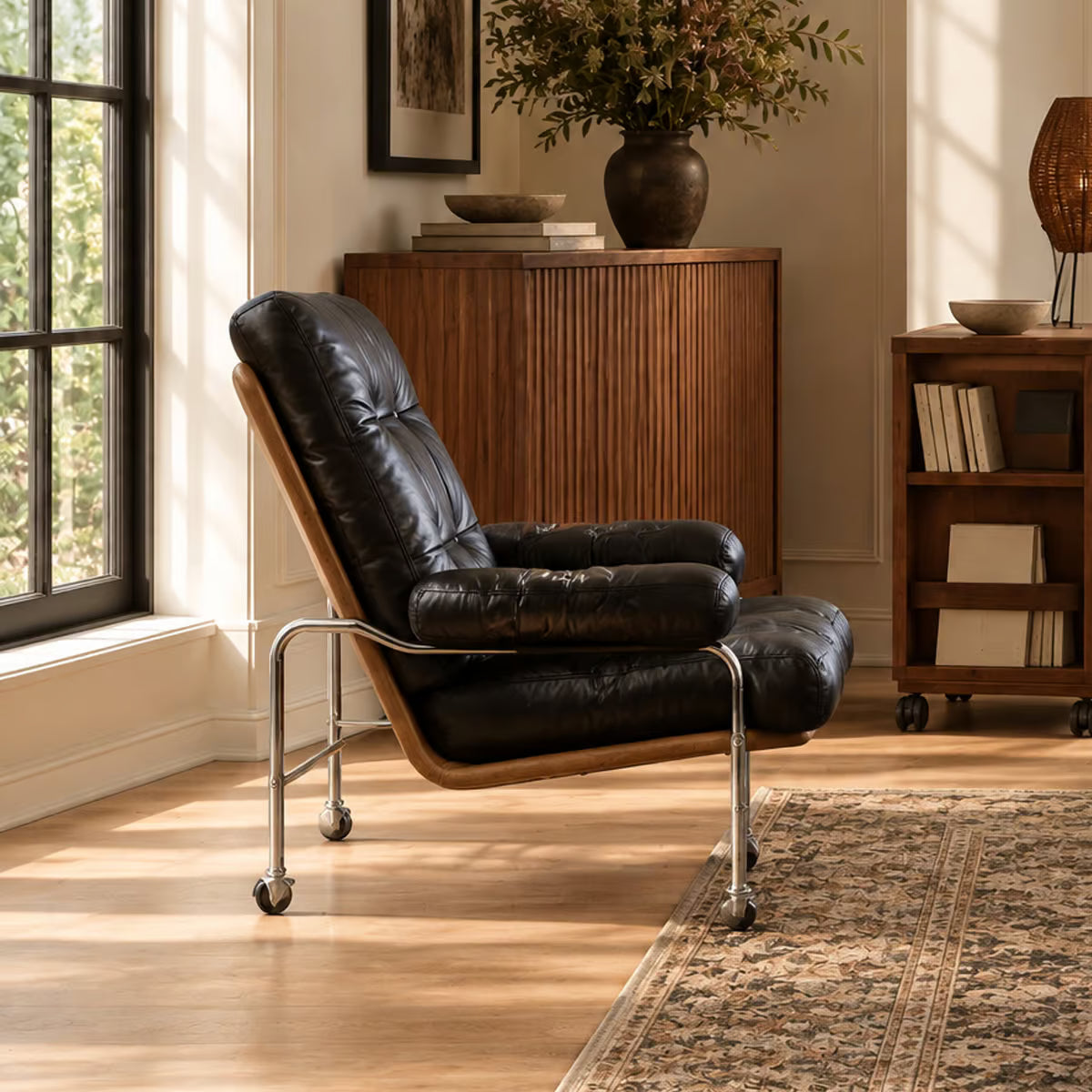Leather reading chair set by the window on its casters, facing a sideboard and bookshelf