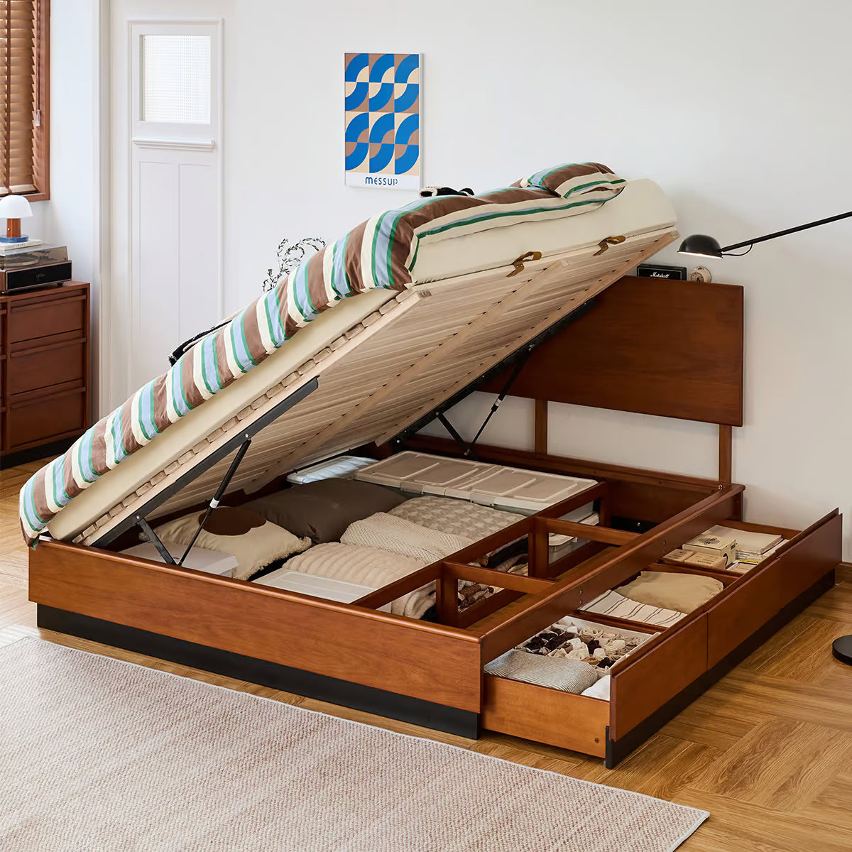 Solid Wood Lift Up Storage Bed Frame with Headboard, Platform Bed with Storage