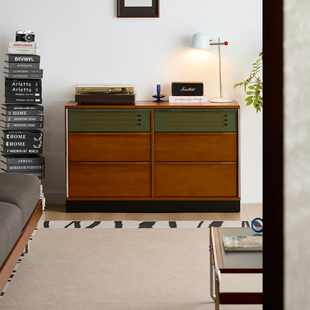 6 Drawer Double Dresser, Mid Century Modern Low Wide Chest of Drawers with Vented Drawer Fronts