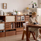 Stackable Modular Bookcase Cube, Low Wood Storage Cabinet with Drawers, Sliding Doors or Record Slots