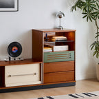 Accent Cabinet with Glass Display Shelf, Mid Century Narrow Storage Cabinet with Three Drawers
