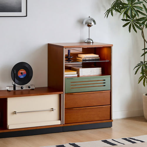 Accent Cabinet with Glass Display Shelf, Mid Century Narrow Storage Cabinet with Three Drawers