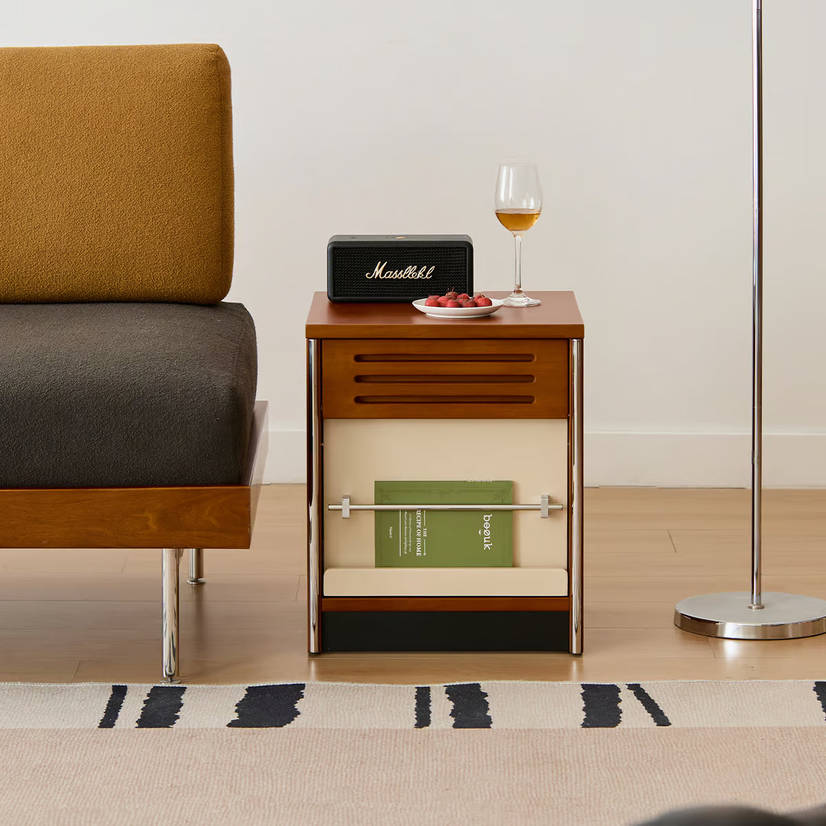 Solid Wood Nightstand with Drawer, Mid Century Bedside Table with Flip Down Door