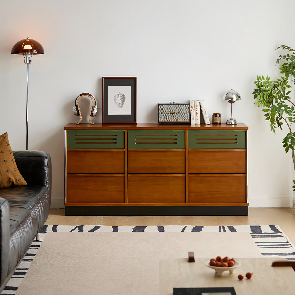 Triple Dresser, Mid Century Modern 59 Inch Bedroom Chest with Nine Drawers and Vented Fronts