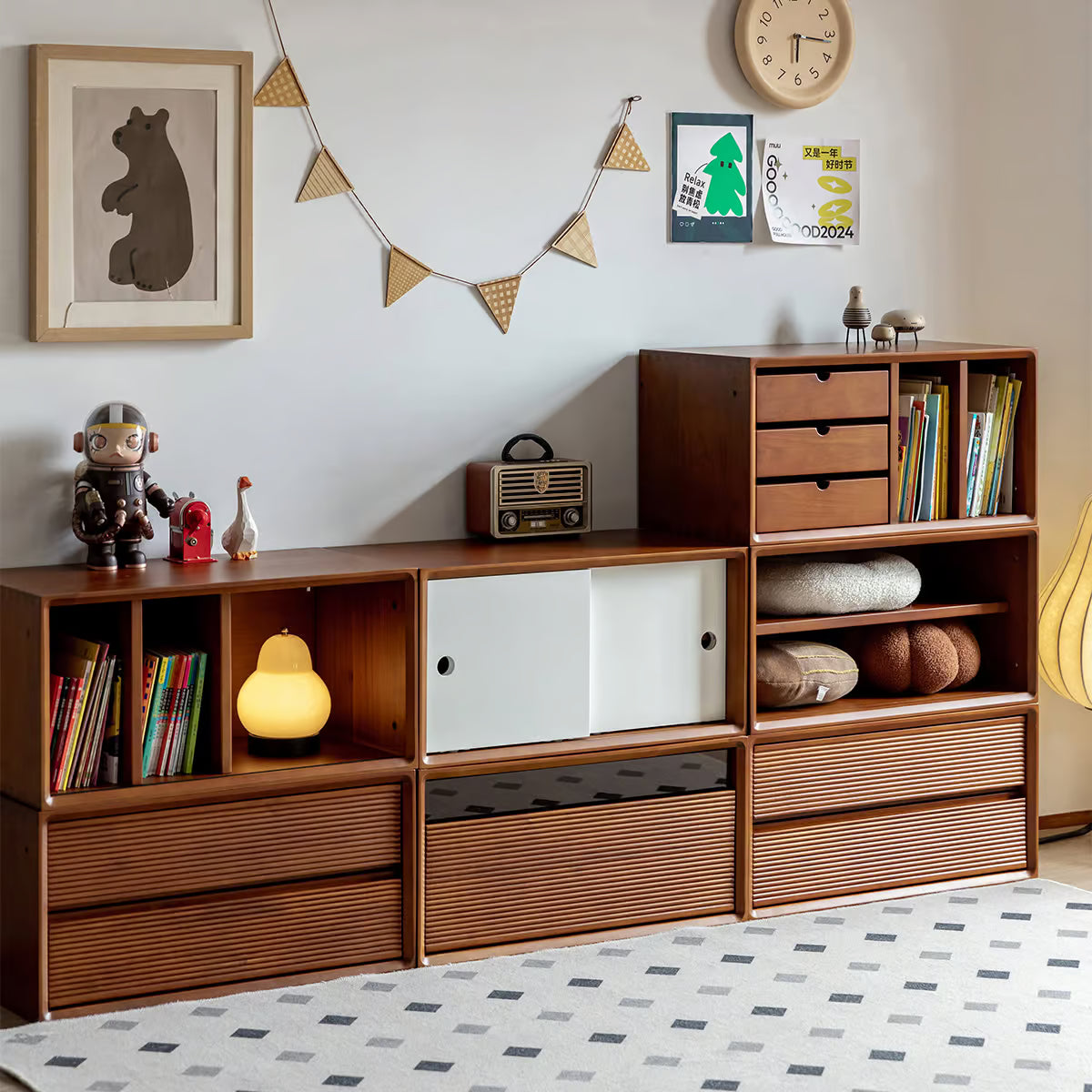 Stackable Modular Bookcase Cube, Low Wood Storage Cabinet with Drawers, Sliding Doors or Record Slots