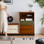 Accent Cabinet with Glass Display Shelf, Mid Century Narrow Storage Cabinet with Three Drawers