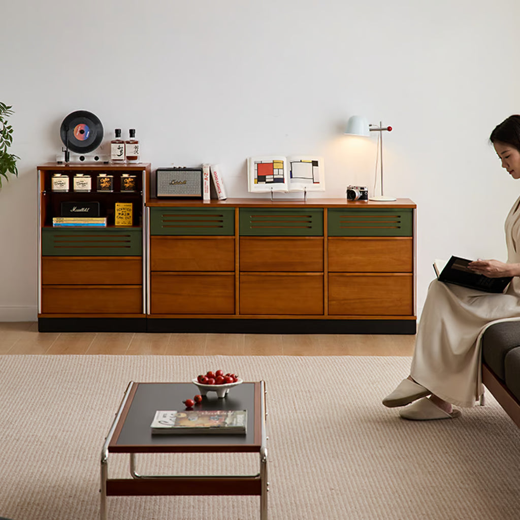 Triple Dresser, Mid Century Modern 59 Inch Bedroom Chest with Nine Drawers and Vented Fronts