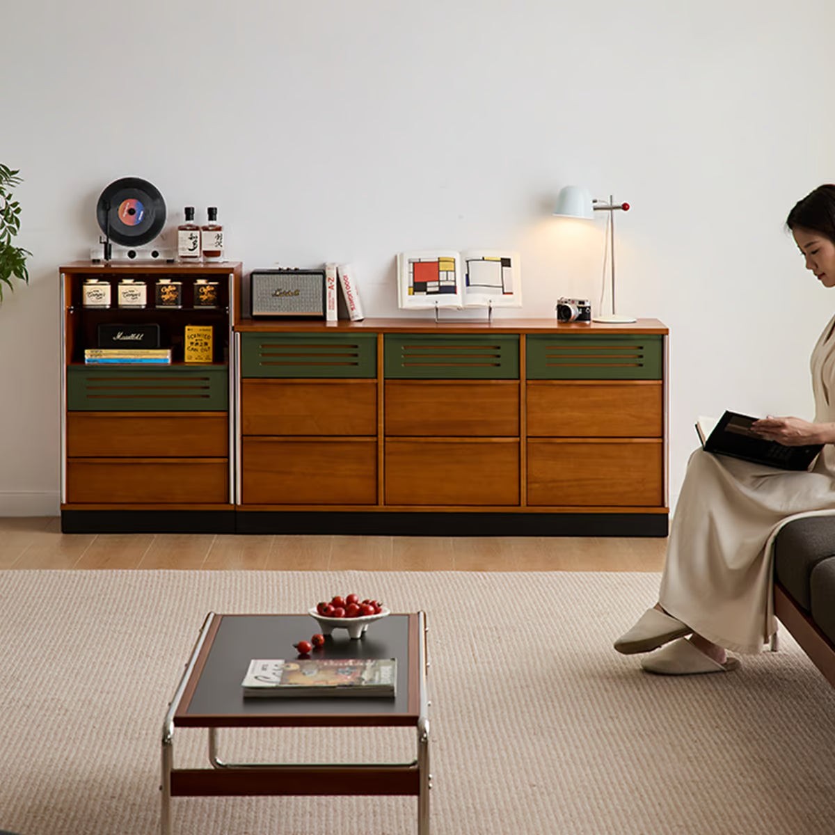 Triple Dresser, Mid Century Modern 59 Inch Bedroom Chest with Nine Drawers and Vented Fronts