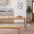 Airi White Oak Veneer Dining Table, Japandi Rectangle Dining Table with Brushed Stainless Steel Legs, Doubles as a Large Desk