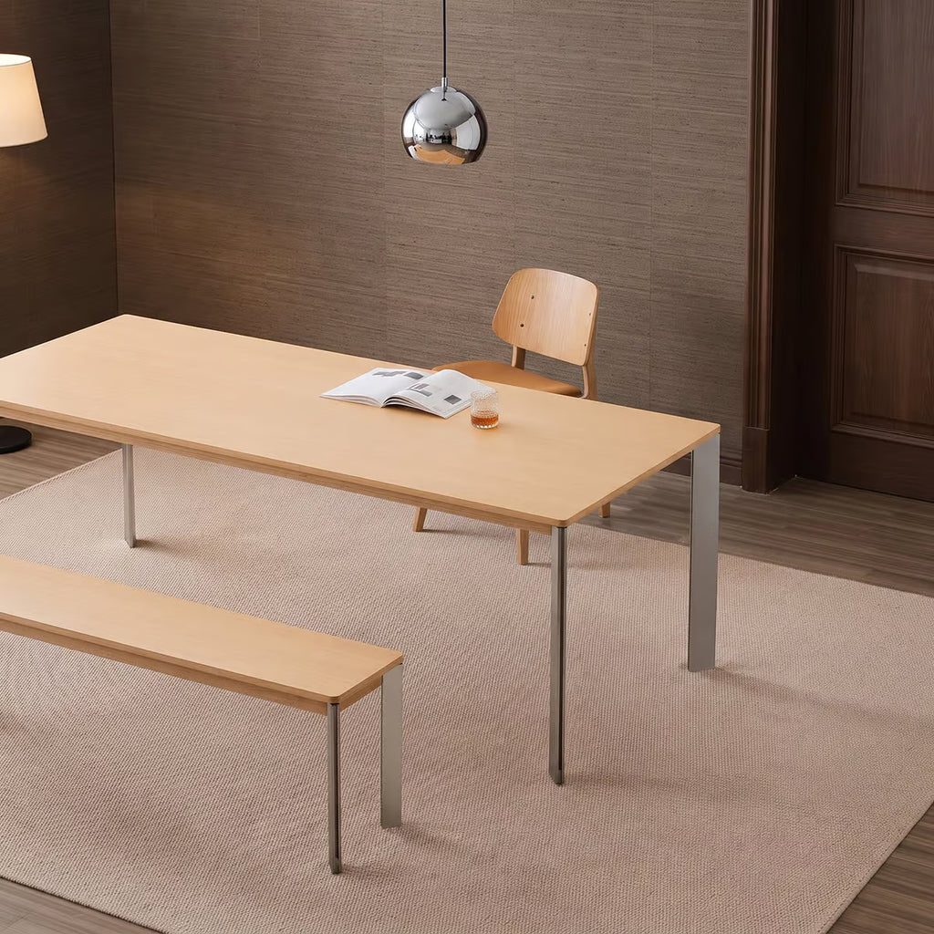 Airi White Oak Veneer Dining Table, Japandi Rectangle Dining Table with Brushed Stainless Steel Legs, Doubles as a Large Desk