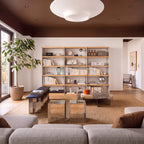Iso Tall Bookshelf with Drawers, White Oak Veneer and Carbon Steel Open Back Bookcase