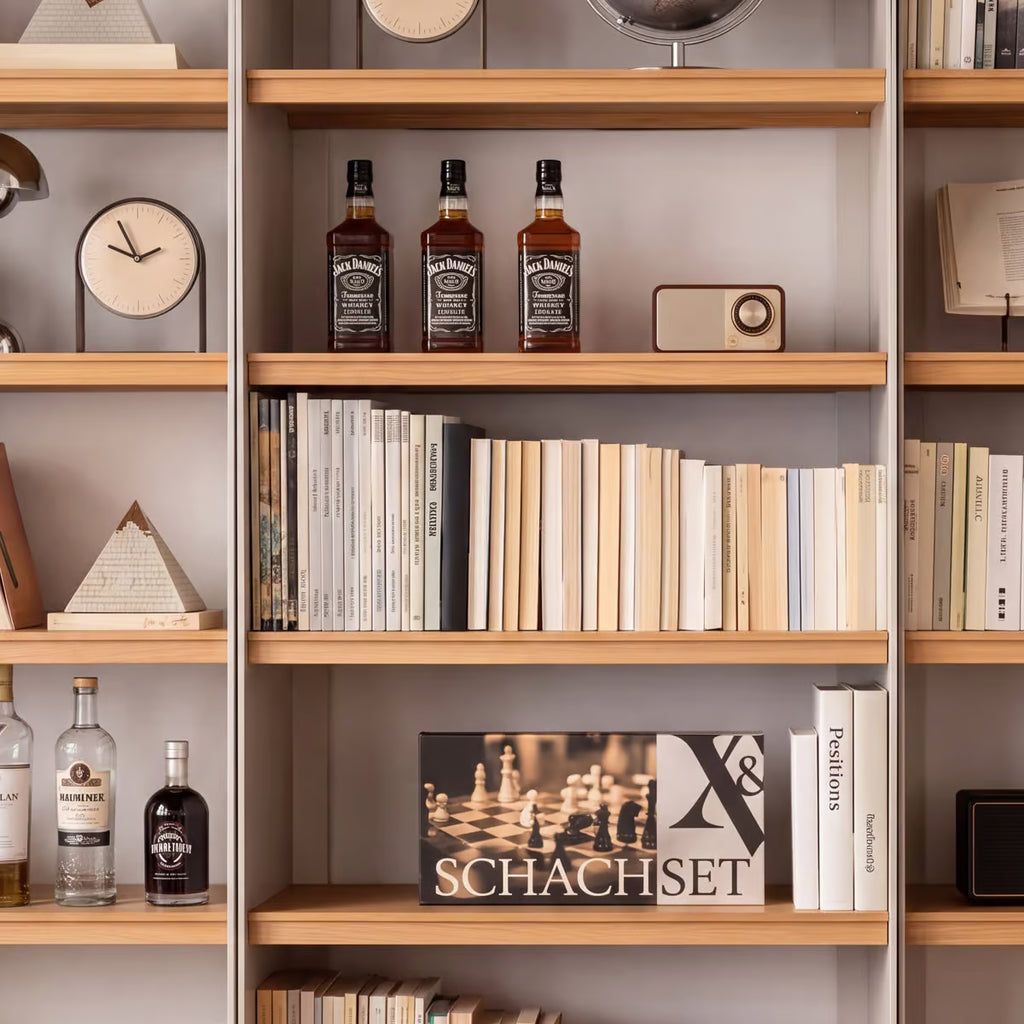 Iso Tall Bookshelf with Drawers, White Oak Veneer and Carbon Steel Open Back Bookcase