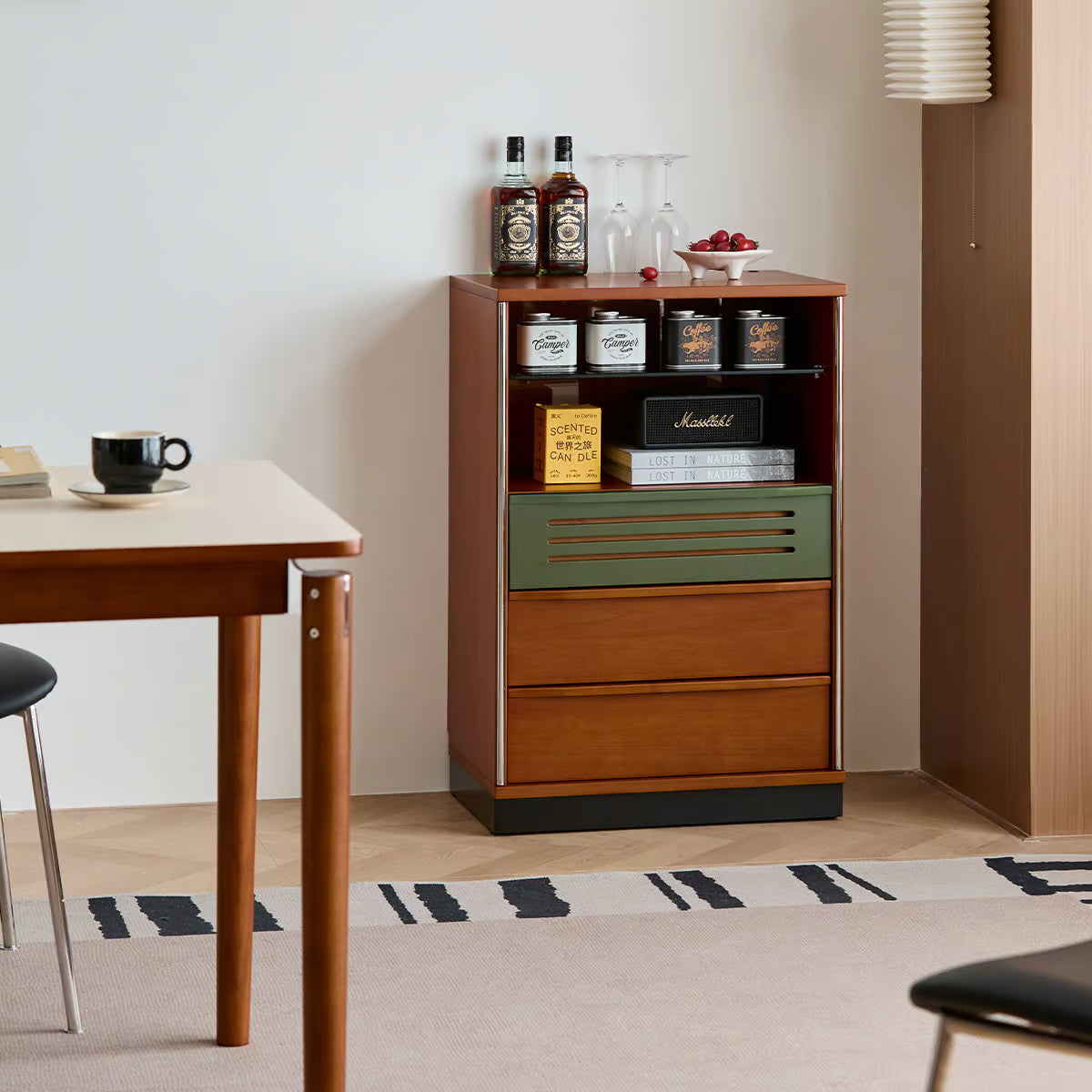 Accent Cabinet with Glass Display Shelf, Mid Century Narrow Storage Cabinet with Three Drawers