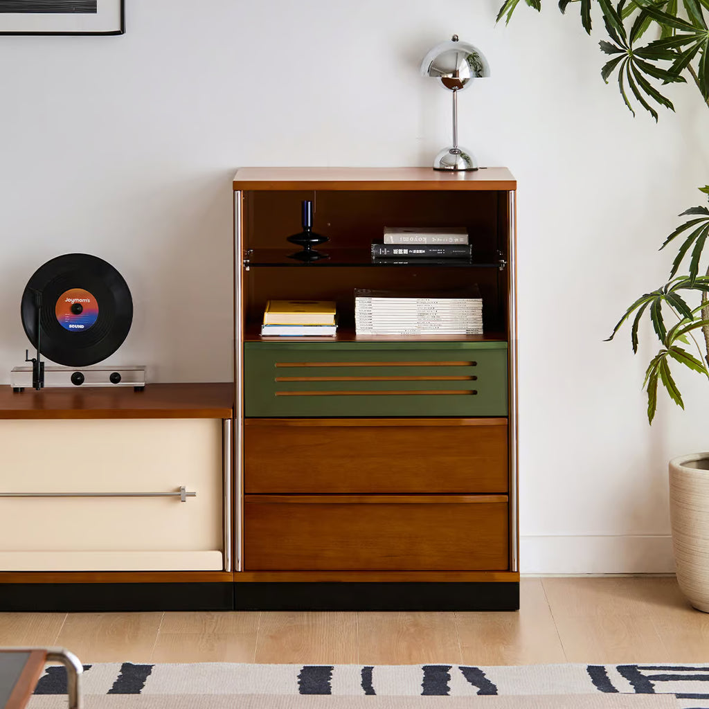 Accent Cabinet with Glass Display Shelf, Mid Century Narrow Storage Cabinet with Three Drawers