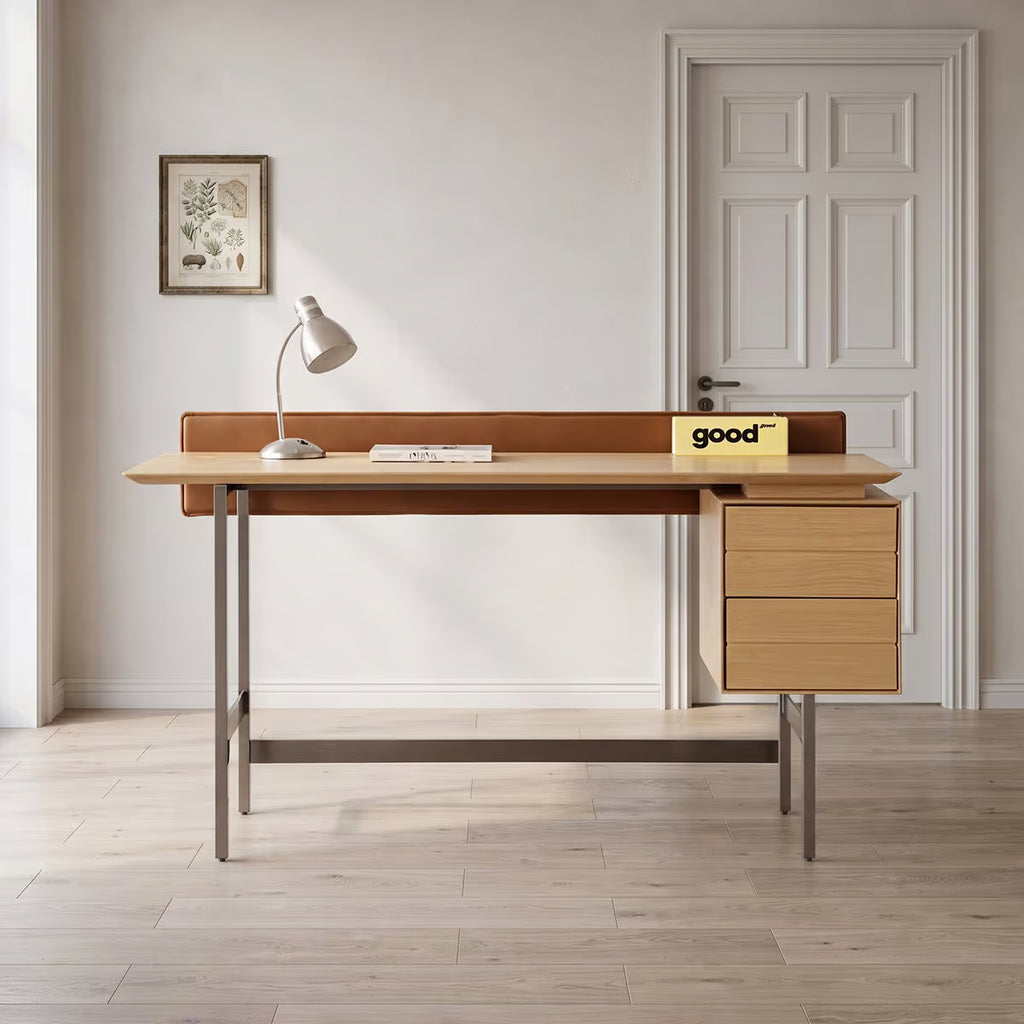 Albo Writing Desk with Drawers, White Oak Veneer Top with Brushed Steel Frame