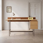 Albo Writing Desk with Drawers, White Oak Veneer Top with Brushed Steel Frame