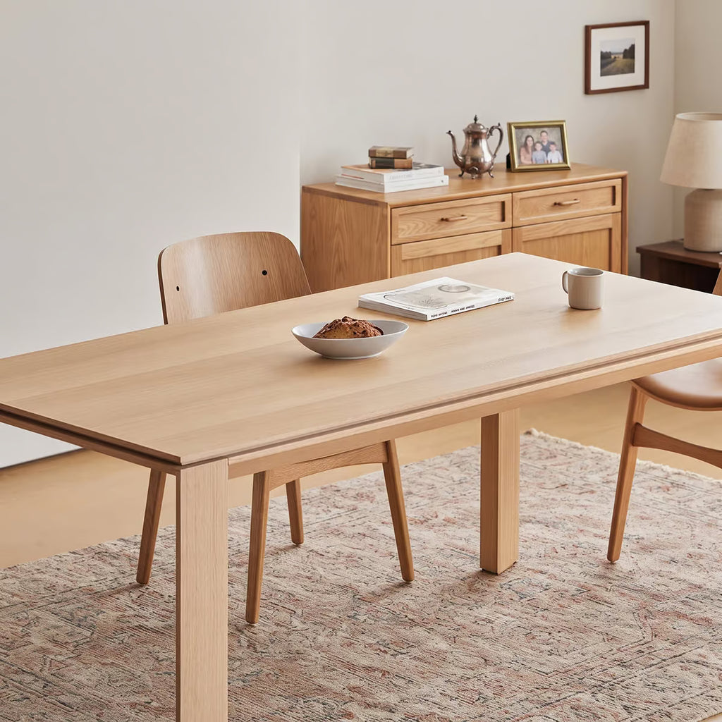 Wood Dining Table, Scandinavian White Oak Veneer with Wide Legs