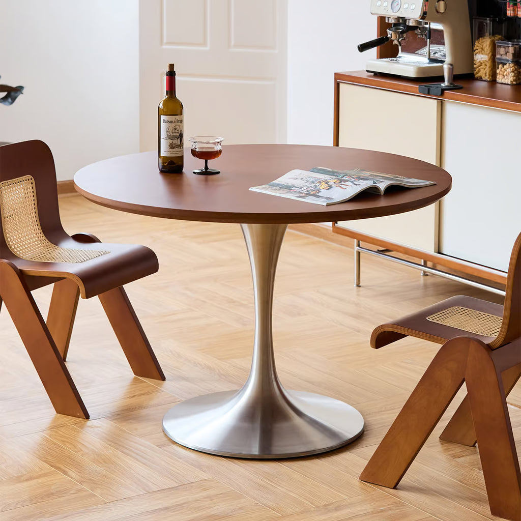 Round Pedestal Dining Table with Tulip Base, Hardwood or White Sintered Stone Top